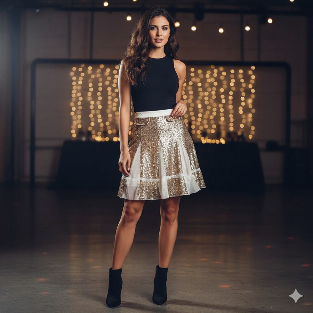 Patrizia Pepe Mini Sequins Tulle Skirt Sparkling Shimmery Gold A-Line Full Sz 40